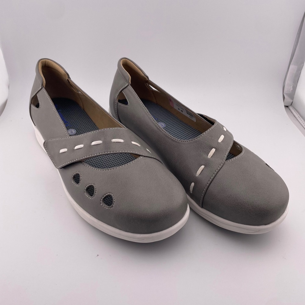 Dr Leonards Grey Faux Leather Comfort Flats Shoes Women 11W Wide Hook Loop Strap